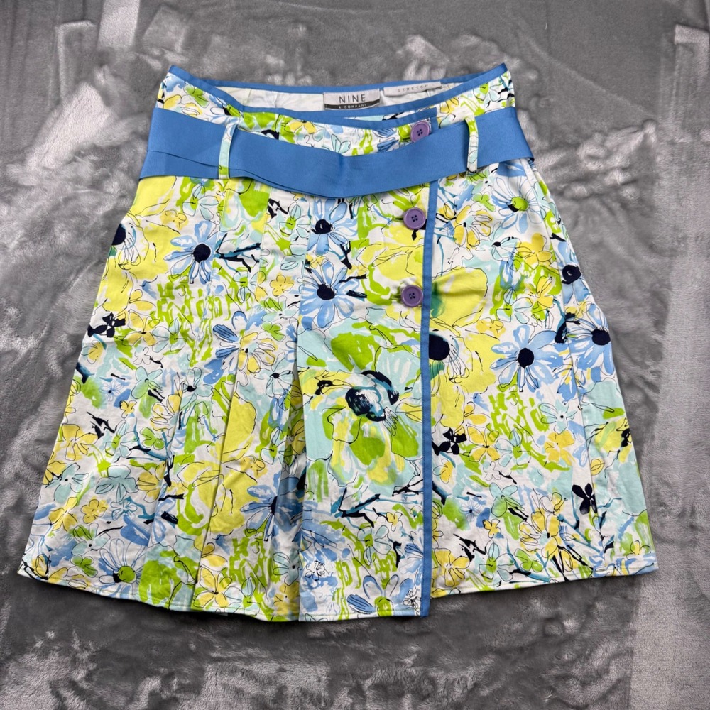 Nine & Company Floral A-Line Skirt Blue Green Yellow Belted Cotton Stretch Sz 12